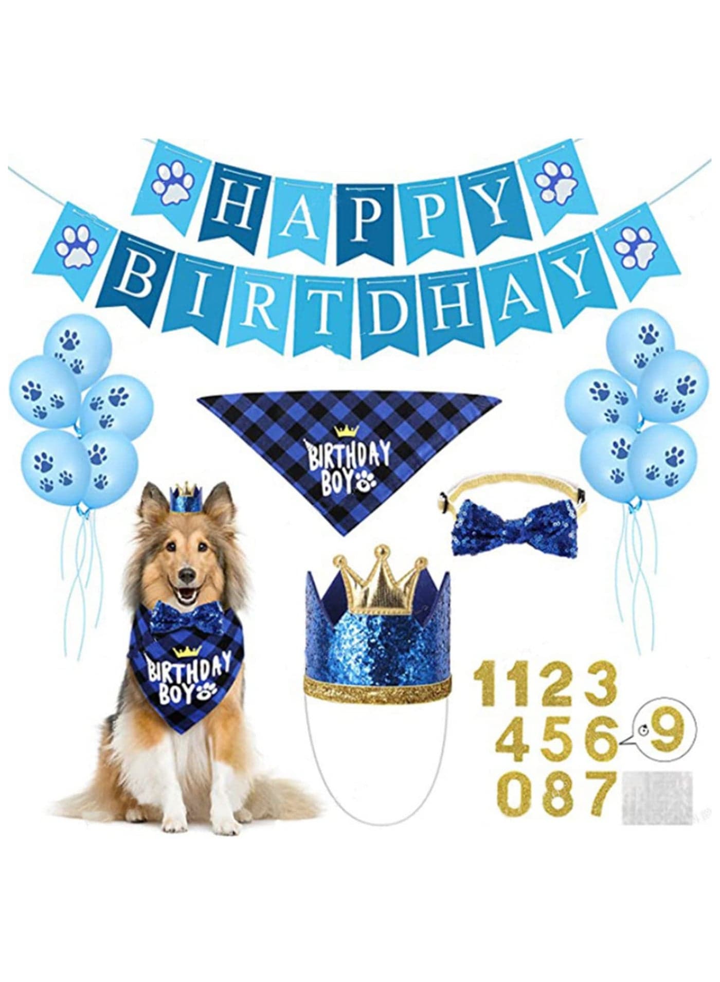 1Pcs Dog Birthday Party Supplies Set Cute Birthday Bandana Bowtie Number Hat Paw Balloons Happy Birthday Banner for Puppy Fun Dog Birthday Decorations for dog Puppies