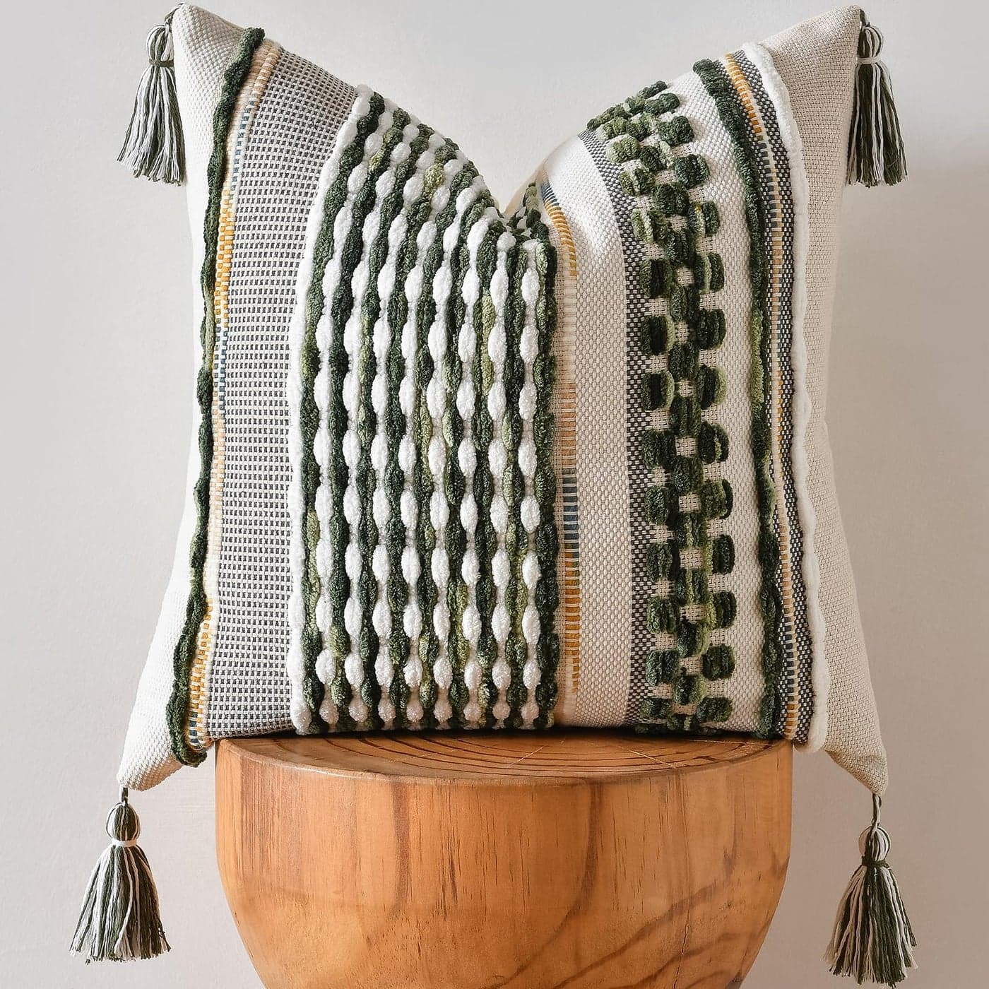 AmHoo Chenille Striped Textured Boho Throw Pillow Covers Aesthetic with Tassels Woven Decorative Pillow Case for Couch Bed Sofa Bedroom Modern Funky 18 x 18Inch Sage Green