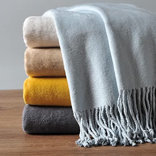 EP Mode Fringed Mulberry Silk Throw Blanket for Sofa Baby Blue