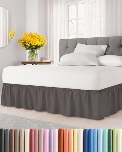 Wrap Around Dust Ruffle Bed Skirt Dark Grey for Queen Size Beds with 15 Inch Drop Elastic Strap Adjustable Pleated Bedskirt with Brushed Fabric and Wrinkle Free for Women Men Kids Teens