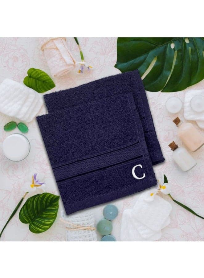 Daffodil (Navy Blue) Monogrammed Face Towel (30 x 30 Cm - Set of 6) 100% Cotton, Absorbent and Quick dry, High Quality Bath Linen- 500 Gsm White Thread Letter "C"