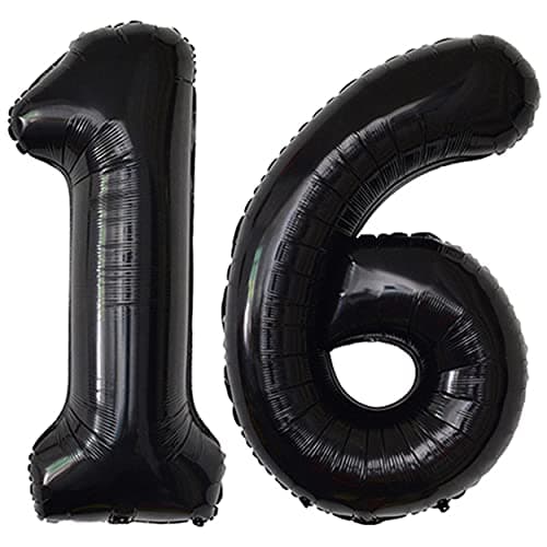 Jonhamwelbor 16 Number Balloons Black Big Giant Jumbo Big Large 16 or 61 Foil Mylar Helium Number Balloons Black 16th 61st Birthday Party Anniversary Events Decorations for Boy Girl