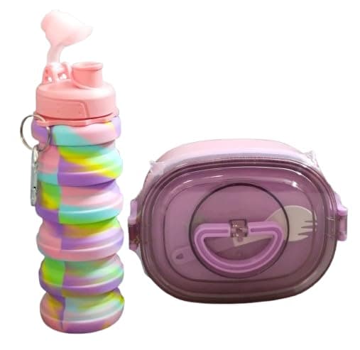 NEW PINCH 2 Compartment Insulated Stainless Steel Lunch Box Unicorn Pink 800 ml with Expandable Sipper Water Bottle Pink 500 ml