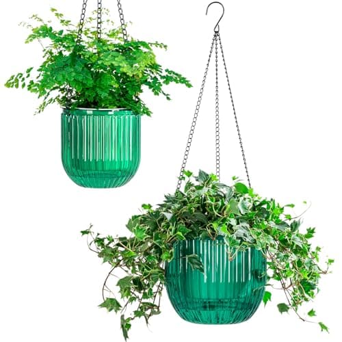 Melphoe 2 Pack Self Watering Hanging Planters Indoor Flower Pots 5383 Inch Outdoor Hanging Basket Plant Hanger with 3Hooks Drainage Holes for Garden Home Emerald