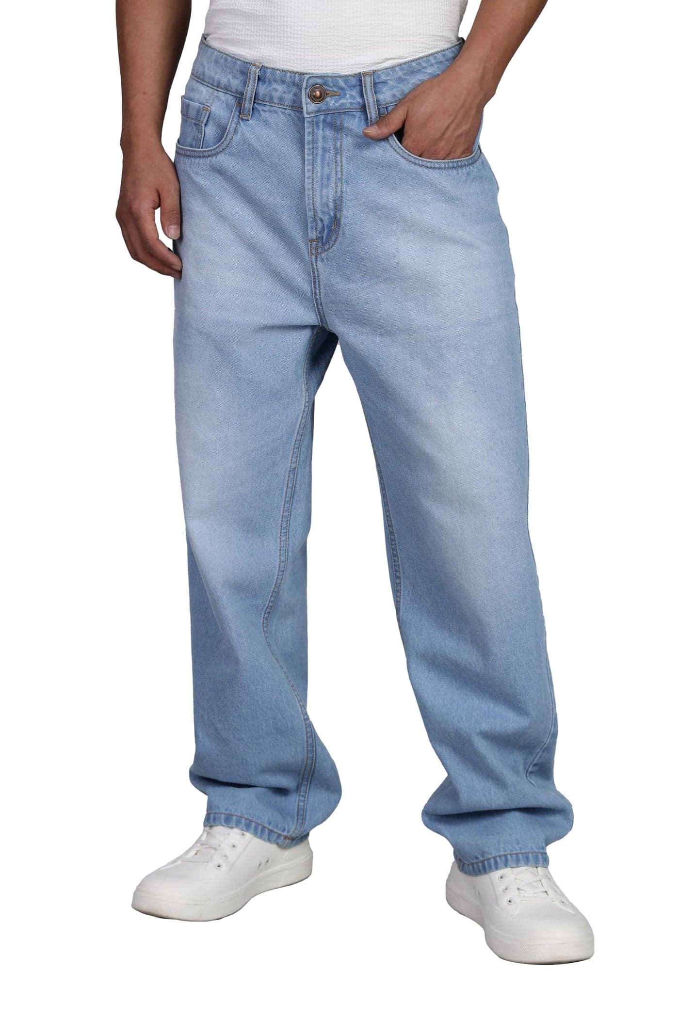 INKD Men's Cargo Carpenter Baggy Jeans – Mid-Rise | 100% Cotton | Contrast Stitch| 6 Pocket Styling | Baggy Jeans for Man | Cargo for Men
