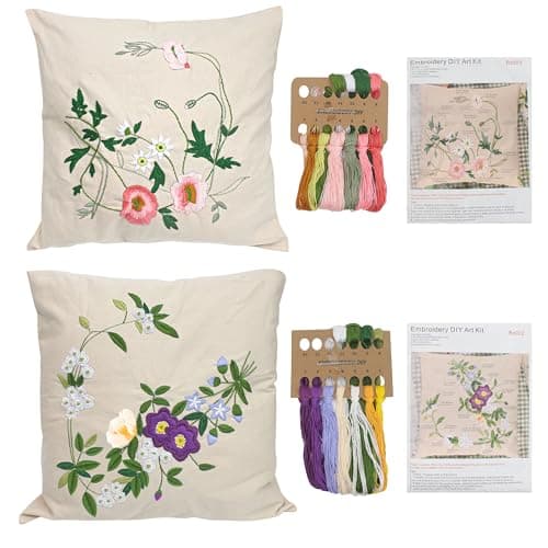 Marsrut 2 Set of Embroidery Pillow Kit Including Pillowcase Cover Cushion Case with Large Drawings and Zipper, Threads, Needles & Instruction Kits for Lace Crewel Craft, No Pillow Core (Wildflower)