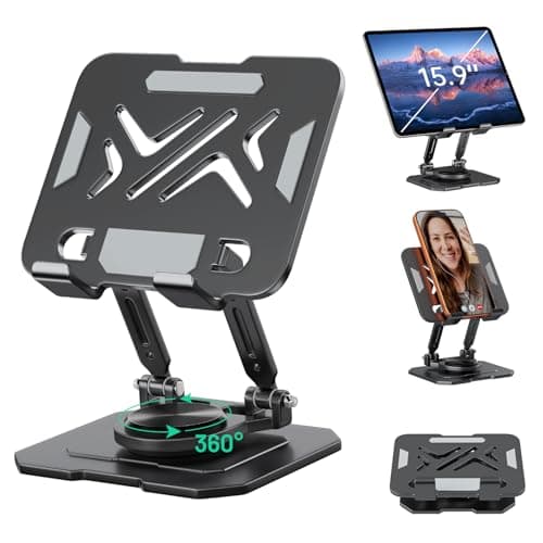 ZMHH iPad Stand Tablet Holder for Desk,360° Rotation Metal Base Dual Rod Adjustable Height Holder,Compatible with 4.7-15.9" iPad Pro/Air/Mini,eReader,LG Pads,Nexus,Switch,iPhone Pro/Max/Air/Plus