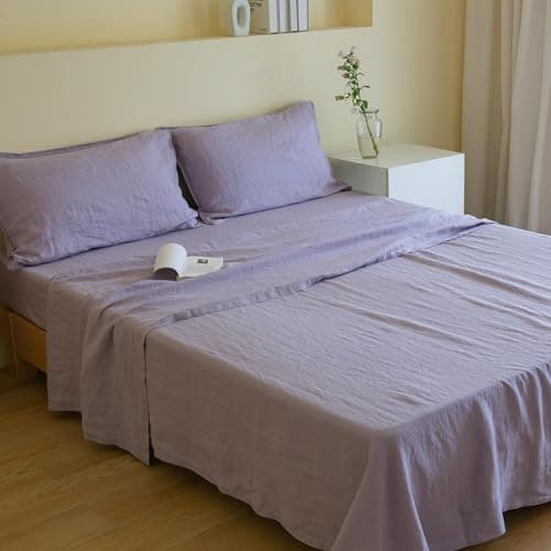 Simple&Opulence 100% Linen Sheets Full Size Set, 4 Pcs Natural French Linen Bed Sheets, Breathable Soft Durable Bedding Set for All Season (Lilac, Full)