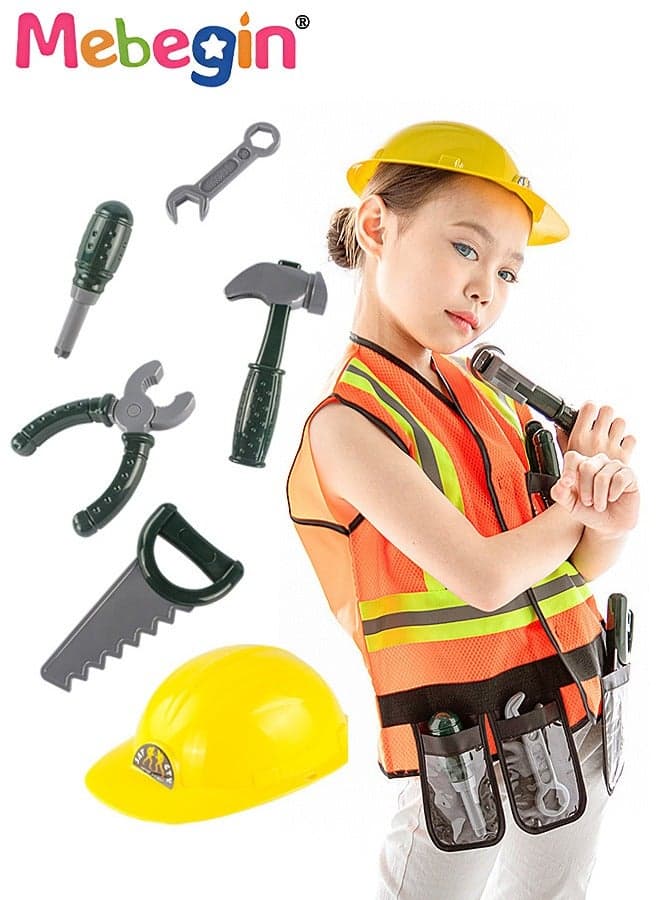 Construction Worker Costume Set, Pretend Builder Career Outfit with Helmet and Tools, Great Preschool Career Costume for Role-playing Activities and Themed Parties, Suitable for Kids 100-140cm Tall