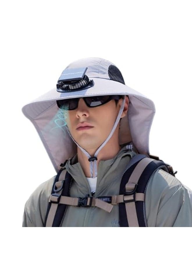 Outdoor Wide Brim Fishing Hat, Wide Brim Sun Hats with Solar Fan Sun Bucket Cap for Men Women, Solar USB Charging