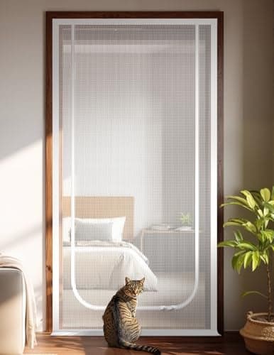 BFNN Cat Screen Door, Extra Tall Cat-Proof Mesh Gate, Fit Door Size 32'' x 80'', Anti Scratch Mesh with Zipper Closure, for Living Room, Kitchen, Bedroom (White, U-Shaped)