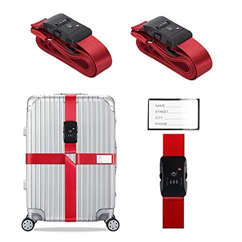 Veki Cross Luggage Straps Set TSA Approved with Lock Adjustable Travel Suitcase Belts Suitcase Tags with Name Id Card Packing Straps for Suitcases Strap Travel Accessories (Red, 2pcs)