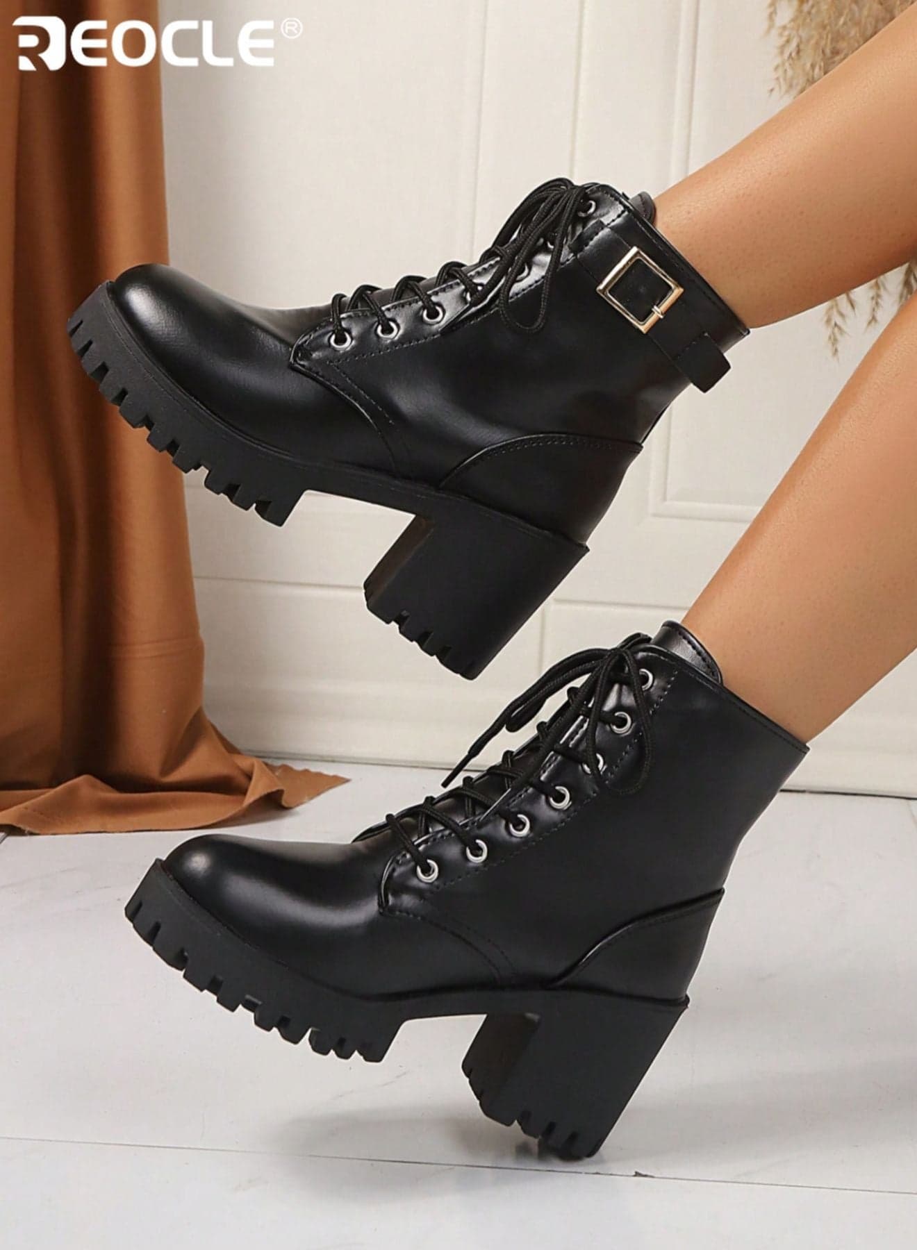 Women's Platform Chunky-Heel Combat Boots with Adjustable Lace-Up Closure Side Buckle Accent Reinforced Stitching Edgy Silhouette Thick Sole Ankle Boots for Daily Wear and Casual Outings
