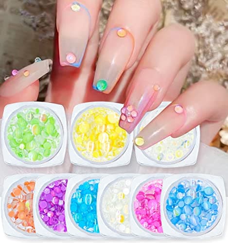 SILPECWEE 9 Boxes Aurora Nail Pearls Iridescent Mermaid Bubble Beads SemiCircular Nail Art Pearls 3D Nail Charms Nails Design Flat Back Nail Jewels Nail Decorations for Makeup Craft DIY Accessories