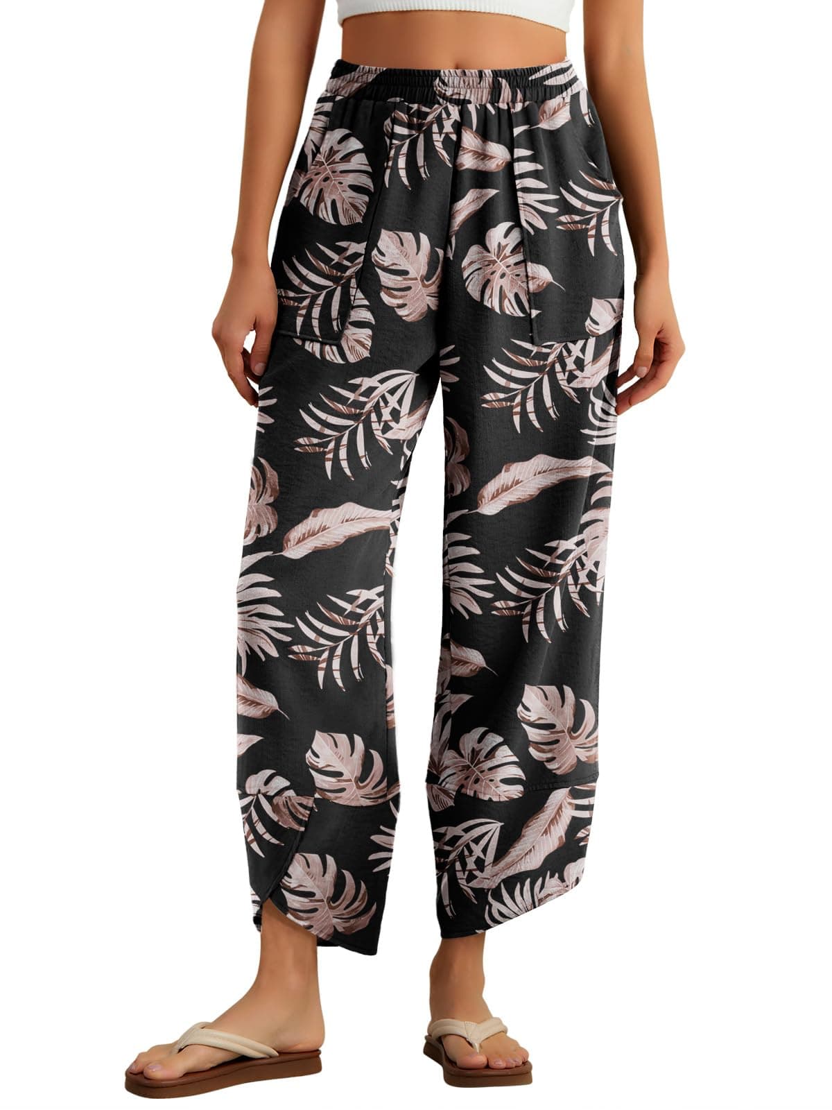 Feiersi Womens Baggy Wide Leg Pants Elastic Waisted Casual Palazzo Harem Pants Summer Beach Trousers(Black Palm Leaf,X-Large)