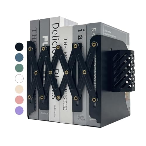 Kingsmile Book Ends Adjustable Bookends for Shelves Metal Bookends for Heavy Books Book Stopper Organzier with Pen Holder for Desk Kids Room Office Classroom Library Study RoomBlack