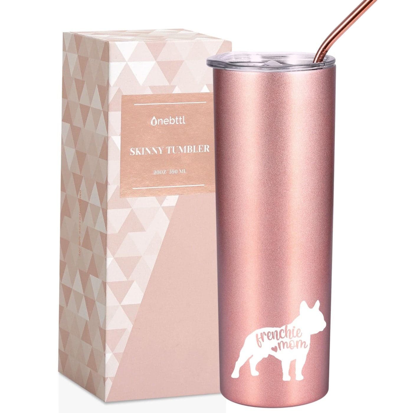 Onebttl French Bulldog Gifts for Women Best Frenchie Mom Gifts for Birthday Unique Dog Mom Gifts for Frenchie Mama Rose Gold Stainless Steel Insulated Tumbler 20 oz Frenchie Mom