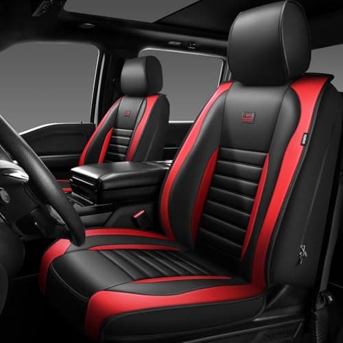 CAR PASS Nappa Leather Car Seat Covers Front Seats Luxury Seat Protector for Cars Waterproof AntiSlip Seat Cushion Armrest Compatible Airbag Universal for Sedan SUV Pickup Truck Auto Black Red