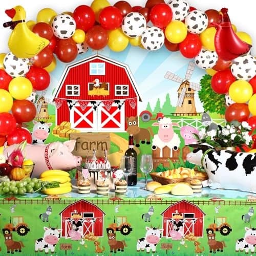 Farm Animals Theme Party Decorations Farm Barn Backdrop Banner Farmhouse Animals Decor Tablecloth Balloon Arch Garland Kit for Birthday Photography Baby Shower Party Supplies(Red)