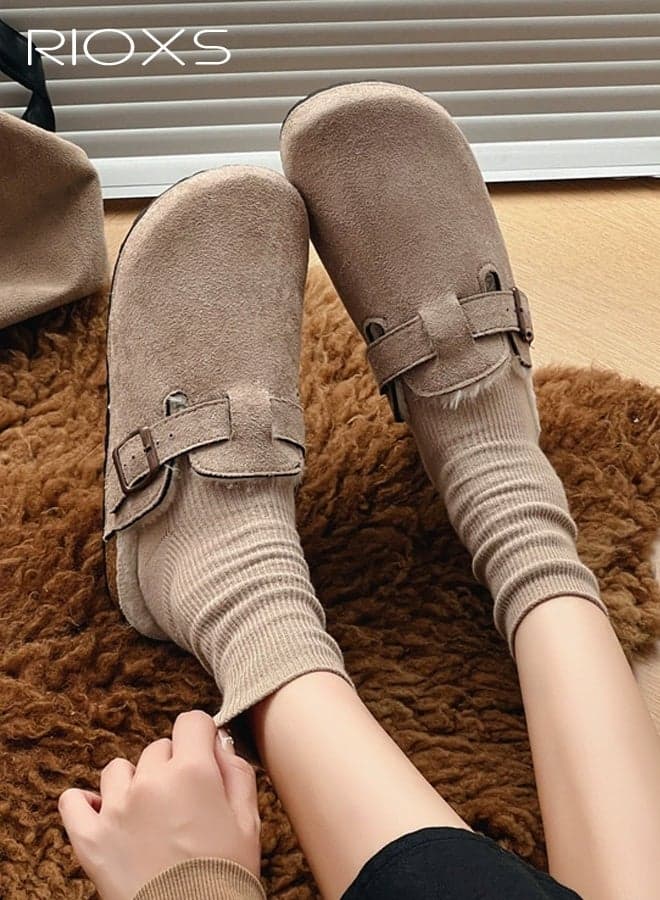 Women's Clog Mules, Fur Lined Suede Clogs, Adjustable Buckle Slip On for Women, Fuzzy Cork Footbed Mules, Winter Warm Mules with Antislip Sole, Ladies Clog Lightweight Mules for Dardening, Walking the Dog, Running Errands, Relaxing at Home, Cream Camel Potato Shoes