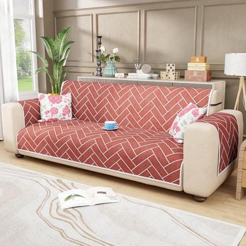 Lukzer 2 Seater Quilted Reversible Brick Bloom Design Sofa Cover Mat with Arms | Polyester Blend 350 GSM Full Coverage & Back Belt for Stability | Washable Furniture Protector (110-120CM/SC-201-02)