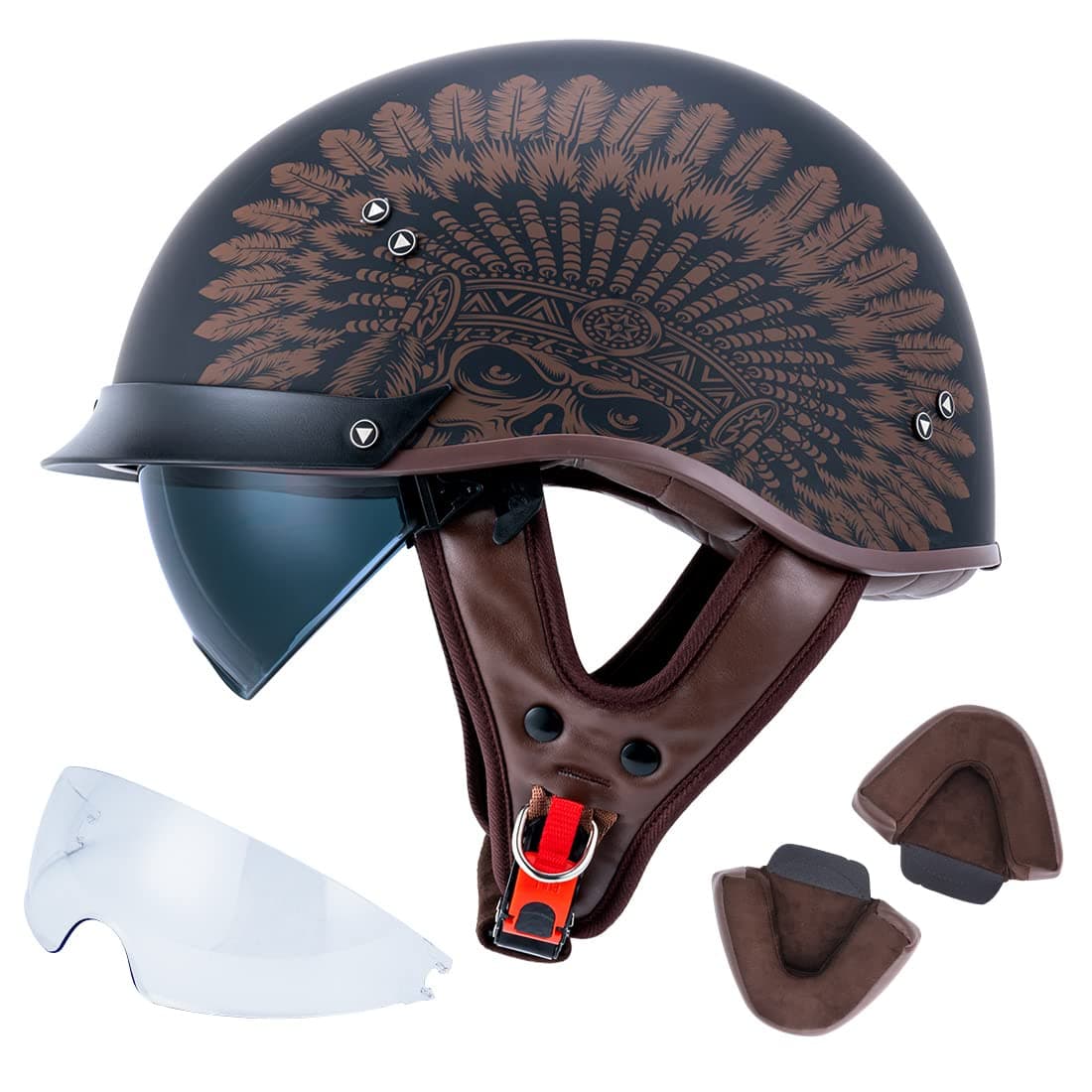 VCOROS Half Helmet Motorcycle DOT Approved Open Face Helmet F07 with Sun Visor and Quick Release Buckle for Adults Men and Women F07IndianL