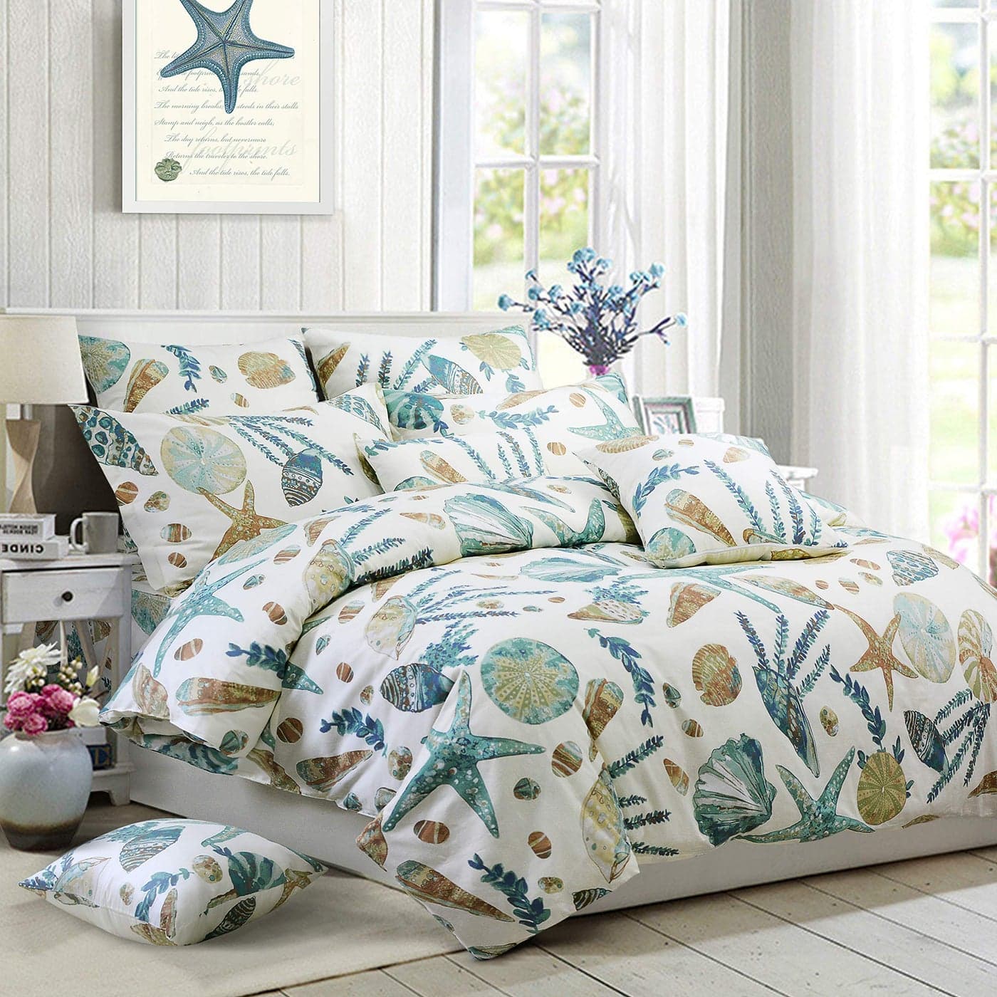 FADFAY Duvet Cover Set Beach Themed Bedding Sets 100 Cotton Super Soft Coastal Bedding White Teal Seashells and Starfish Nautical Bedding with Hidden Zipper Closure 3 Pieces KingCal King Size