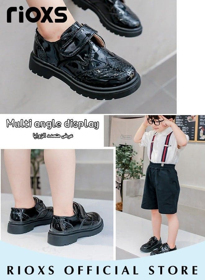 Kids Formal Shoes, Fashion Boys' Oxford Shoes, School Uniform Shoes for Boys, Dress Shoes for Formal/ Casual Wear, Classic Round-toed Shoes with with Hook-and-loop Closure, Comfy Party Leather Shoes, Wedding Shoes for Toddler Little Big Kid, Black Performance Shoes Kids Footwear
