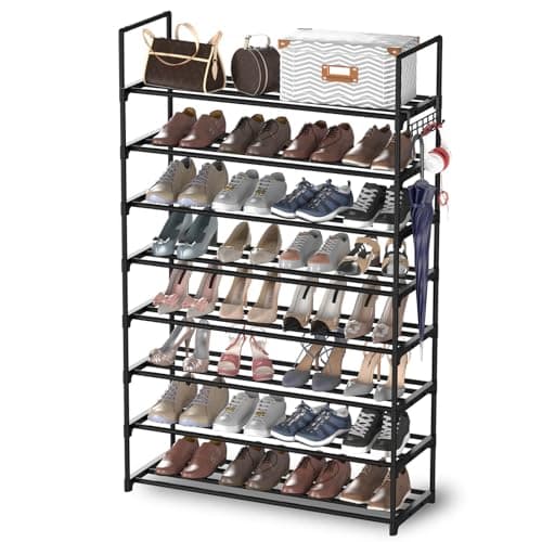Hsscblet 8 Tiers Metal Shoe RackAdjustable Shoe Shelf Storage Organizer with HooksStackable Boot Shoe Storagefor EntrywayHallwayClosetBlack