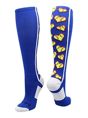 MadSportsStuff Love Softball Socks with Hearts Over the Calf (Royal/White, Large)