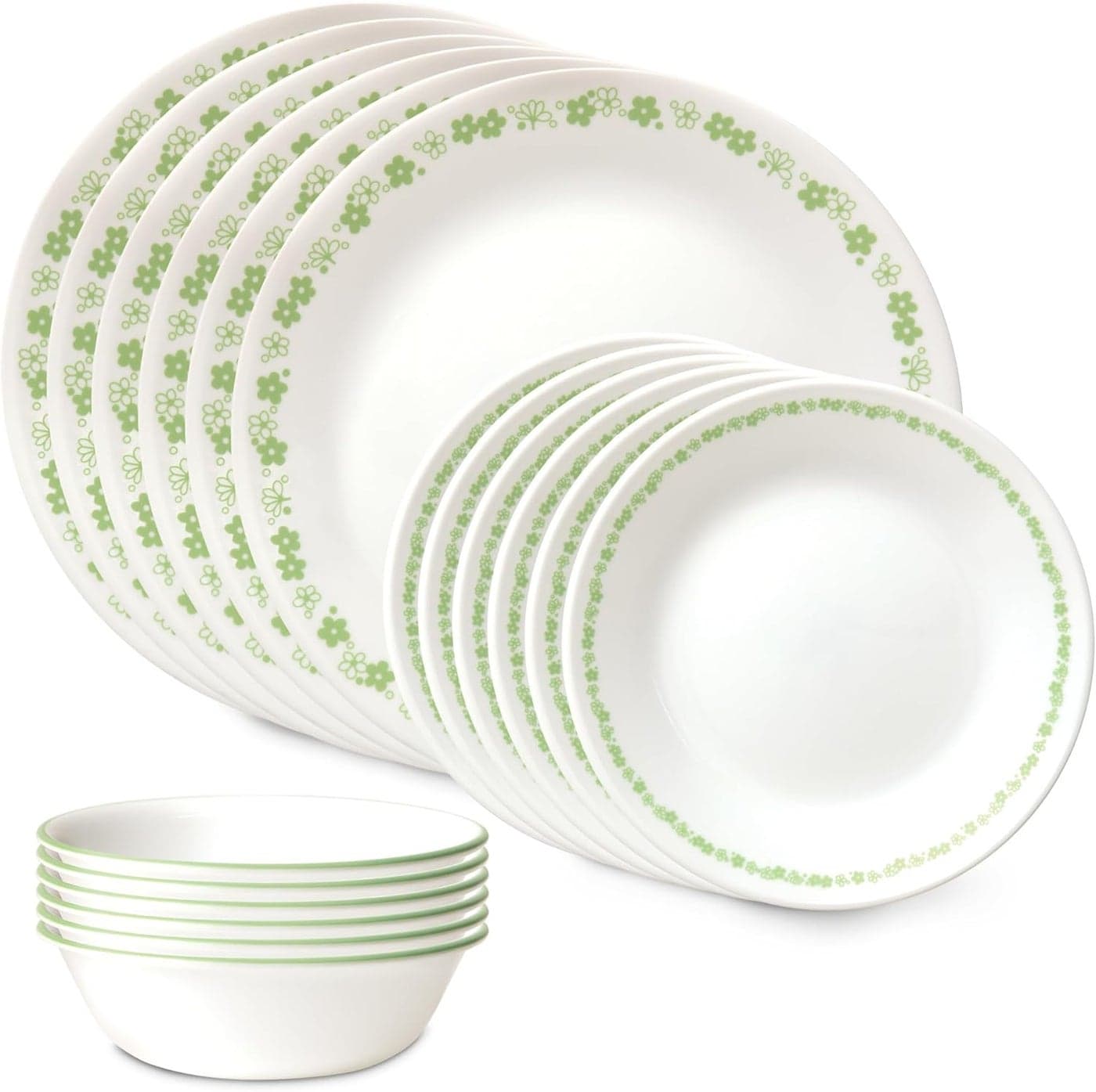 Corelle Vitrelle 18 Piece Glass Dinnerware Sets Service for 6 Triple Layer Chip Crack Resistant Glass Plate and Bowl Sets Spring Blossom Green