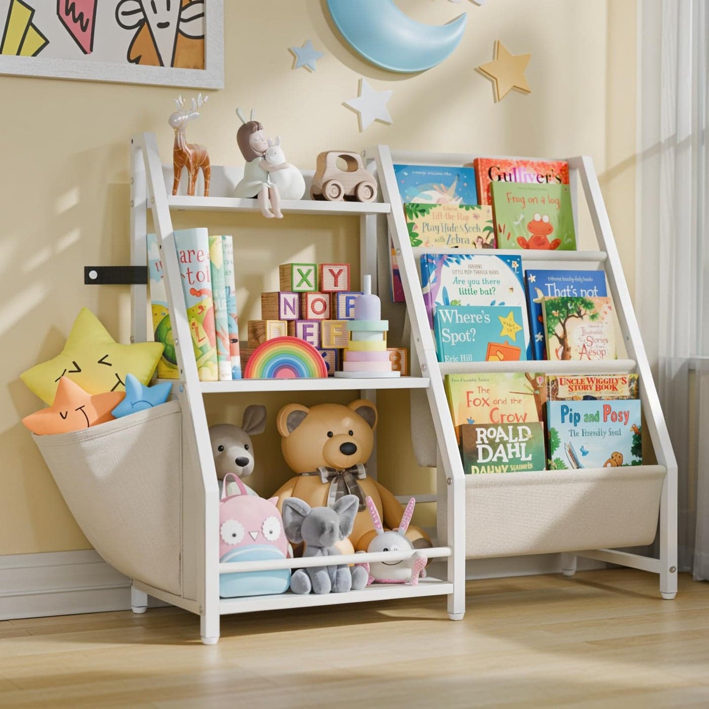LATIBELL 3 Tier Kids Bookshelf and Toy Storage Kids Book Sling Shelf Montessori Baby Toddler Bookshelf for Kids Kids Bookcase Toy Storage Organizer for Playroom Bedroom Nursery White