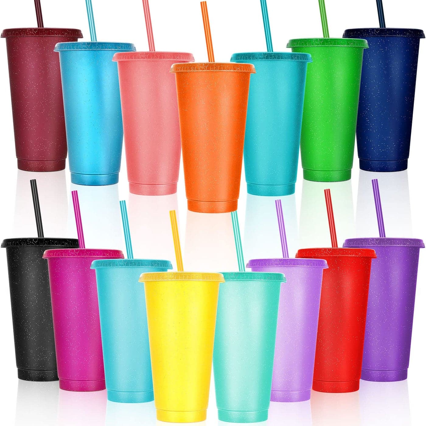 Honeydak 15 Pack Tumbler with Straw and Lid Bulk Glitter Plastic Cups Water Bottle Iced Coffee Travel Mug Reusable Party Favor Cups for Birthdays travel 2427 oz Vivid Color