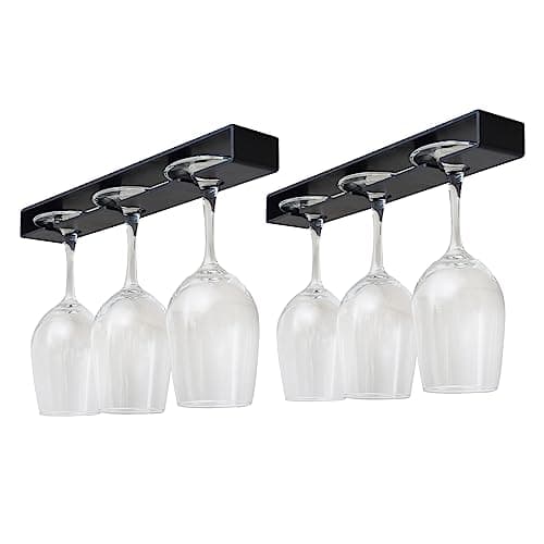 AQJUNONG Wine Glass Holder , 2 Pack Wine Glass Rack, No Drilling Wine Glass Holder Under Cabinet, Hanging Stemware Rack Organizer Hanger for Bar and Kitchen Cabinet(Classic Black)