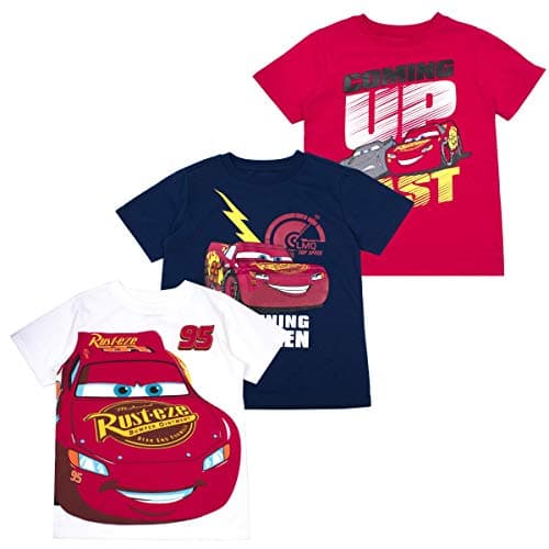 Disney Lightning McQueen Boys Cars 3-Pack Short Sleeve T-Shirts for Toddler to Big Kids (2T - 7) Red