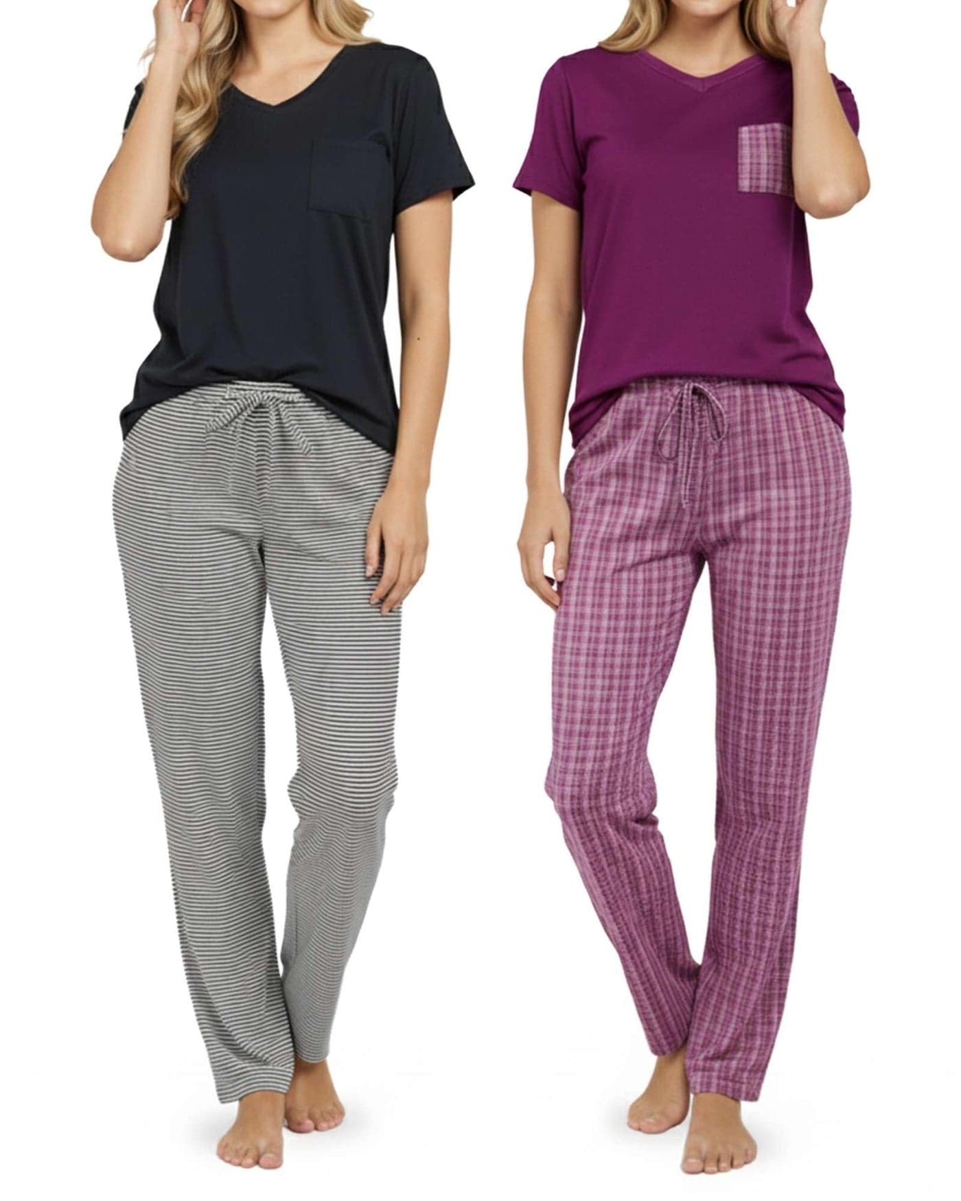 Real Essentials 2 Pack: Women's Comfy Pajama Sets - Short & Long Sleeve Ladies Loungewear Sleepwear PJs (Available In Plus)(Set E Black & Purple, Medium)