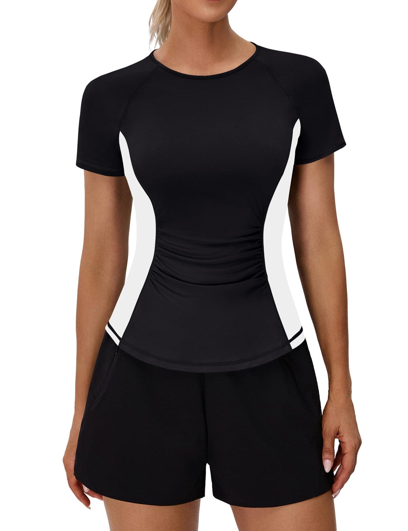 BMJL Womens Workout Tops Athletic Short Sleeve T Shirt Color Block Running Shirts Gym Clothes Summer Outfits Blouses(M,Black)