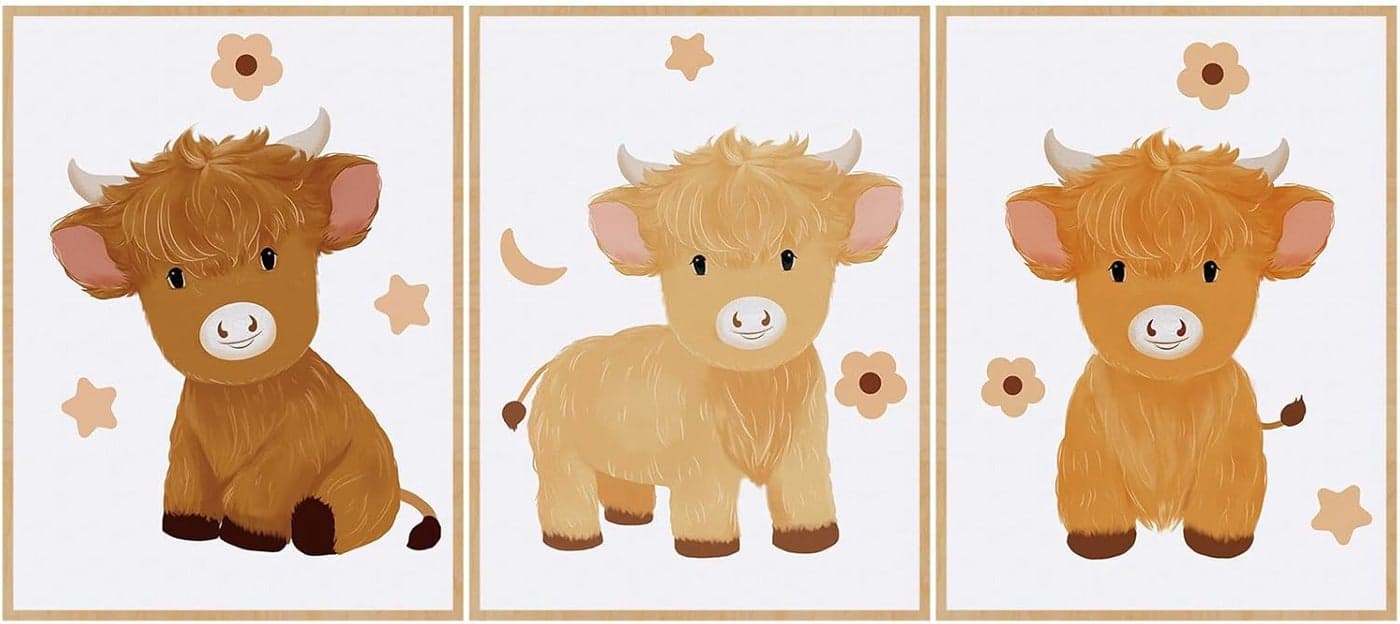 Geyoga 3 Pcs Baby Highland Cattle Canvas Wall Decor Art Watercolor Highland Baby Cow Nursery Decor Picture Animal Farm Painting Prints Furry New Mom Gifts for Boys and Girls Room 12 x 16 Inch
