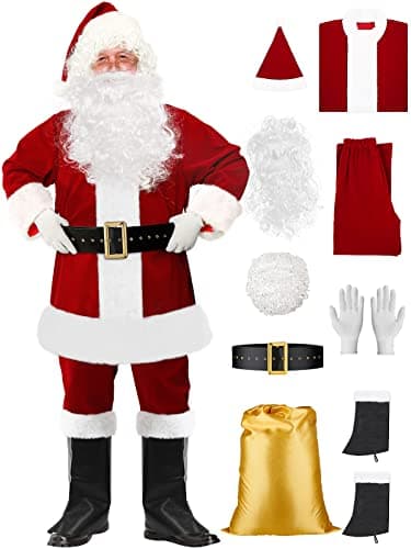 Mojonnie Santa Claus Costume for Men Christmas 9PCS Santa Suit Adults Deluxe Velvet Santa Costume for Men