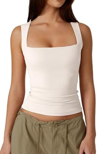 QINSEN Women's Square Neck Sleeveless Double-Layer Tank Tops Basic Tight T Shirts Beige L