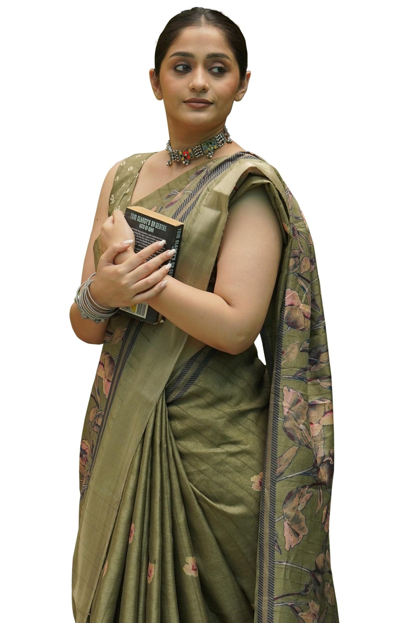 MIRCHI FASHION Handloom Cotton Floral Printed Sarees for Women with Blouse Piece (42074 - Olive Green, Light Peach, Black)