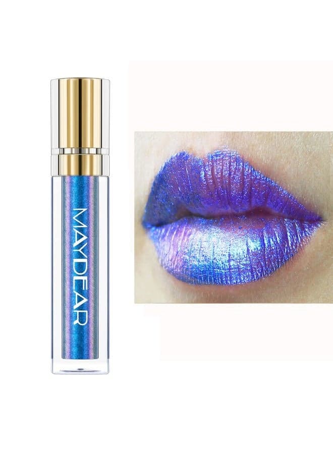 Chameleon Lipstick, High Pigmented Blue Lipstick for Women Metallic Shine Lip Gloss, Full-Coverage Multichrome Lipstick Long Lasting Rainbow Lip Makeup, Blue Cyan(03)