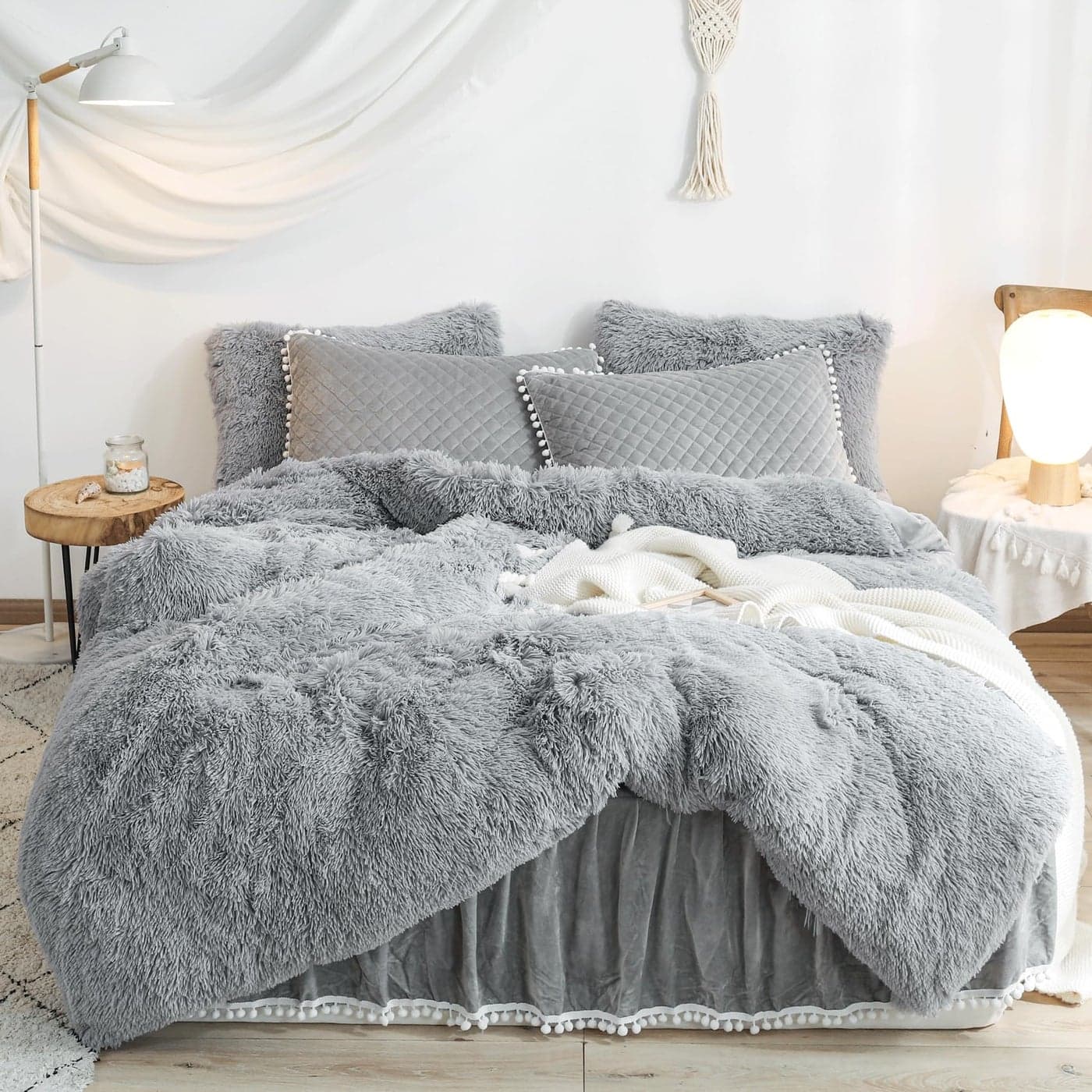 HAIHUA Gray Faux Fur Comforter Cover Twin SizeFluffy Plush Shaggy Duvet Cover Set 1 Faux Fur Duvet Cover 1 Pillow Cases Velvet Bedding 2 Pieces Sets Zipper Closure Gray Twin
