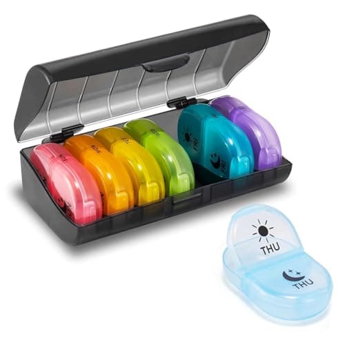 Rabbonix Weekly Medicine Organizer Box 02 Times a Day, Daily Tablets Container Case Travel Pill Box For 07 days | Black And Multicolor | 01 Pcs