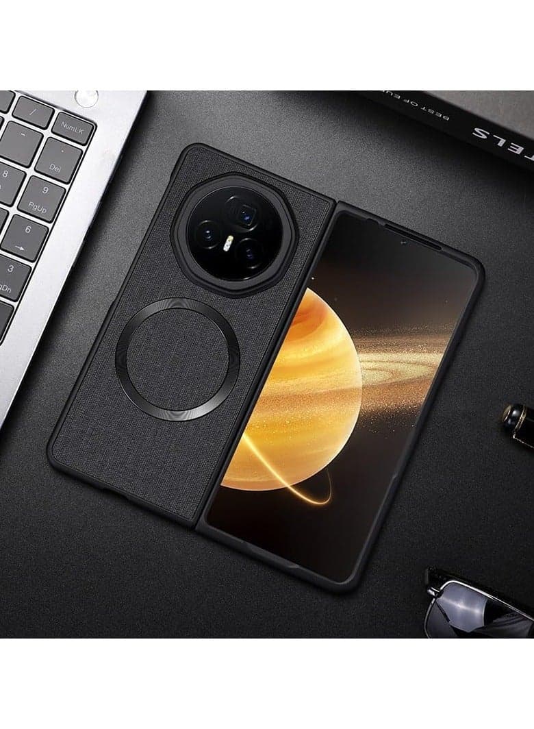 Compatible with Honor Magic V3 Case Magnetic TPU +PC Anti-Slip Ultra Thin Woven Textile Cloth Pattern Cover for Magic V3 (Black)