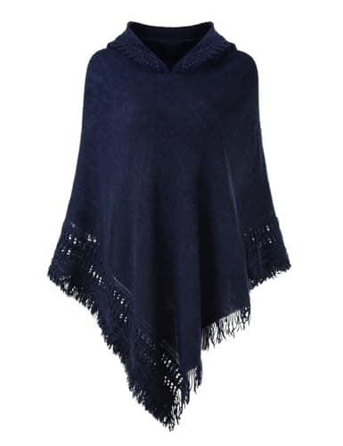 Ferand Ladies Hooded Cape with Fringed Hem Crochet Poncho Knitting Patterns for Women Navy Blue