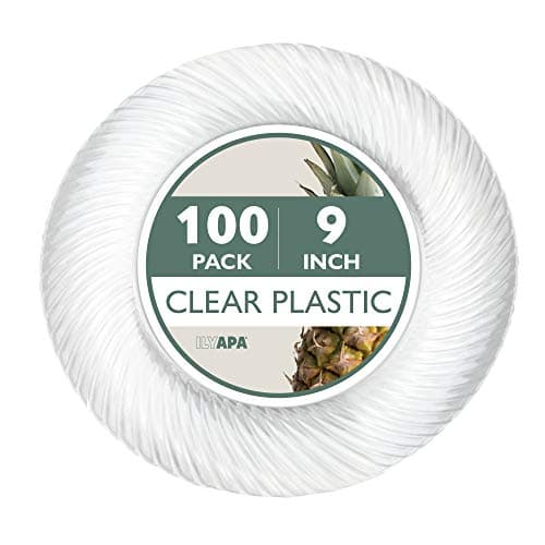 Ilyapa 100 Pack 9 Inch Disposable Dessert Plates Plastic Clear Party Sets for 100 Guests Clear Appetizer and Cake plates 9 Party Dinner Accessories Round Smooth