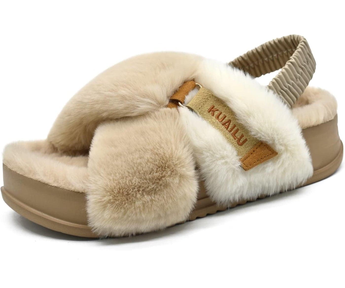 KuaiLu Womens Fuzzy Criss Cross Band Platform Slippers Back Strap Arch Support Furry Faux Fur Ladies Open Toe Slingback Slide Cozy Soft Plush Fleece Comfy House Shoes Sandals Indoor Outdoor Beige 9