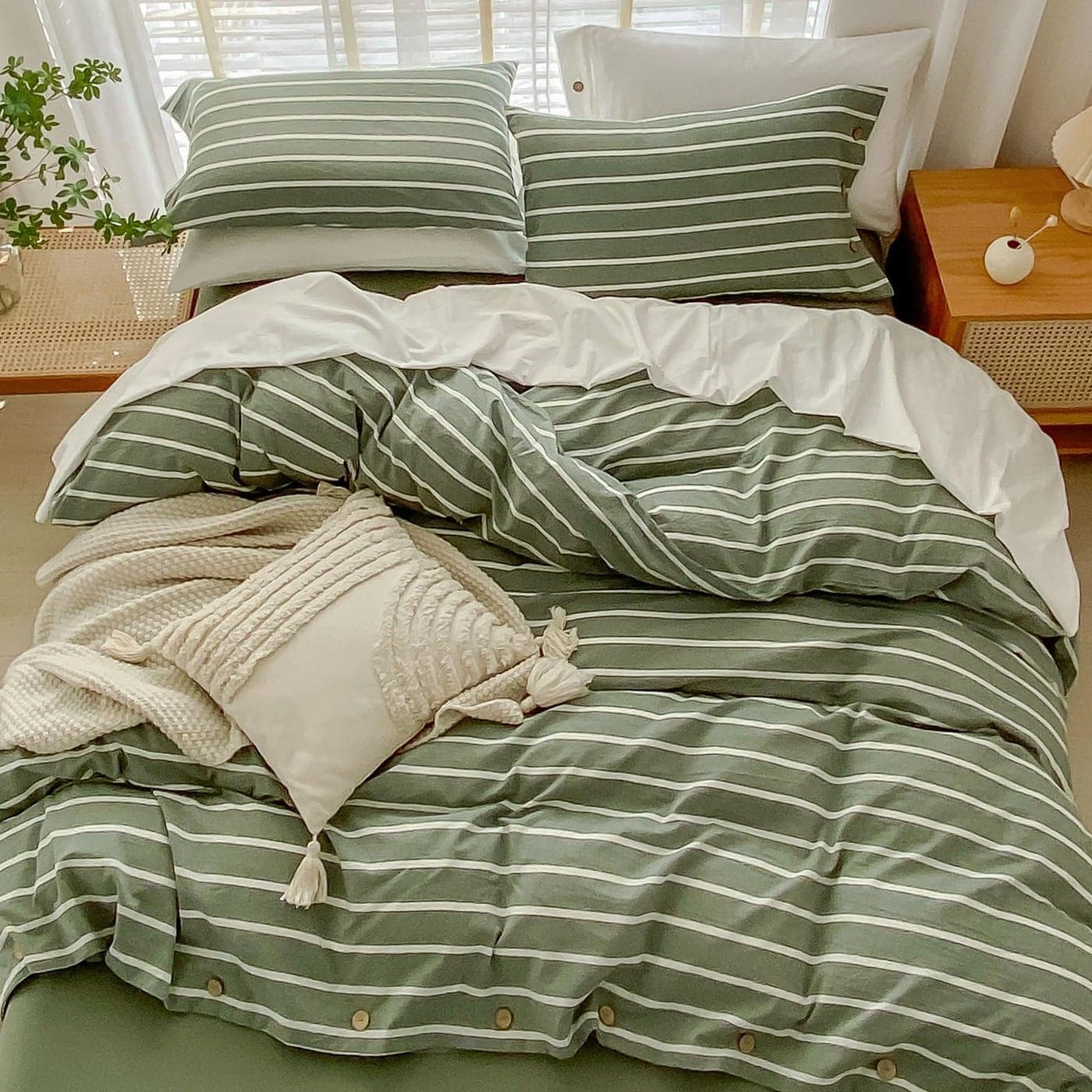 JELLYMONI Cotton Duvet Cover Queen Size Green Striped Comforter Cover with Button 100 Washed Cotton 3PCS Breathable Soft Solid Bedding Set Duvet Cover 9090in 2 Pillowcases NO Comforter
