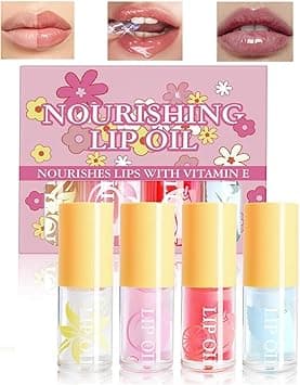 Hydrating Lip Oil Set 4 Pcs NonSticky High Shine Plumping Lip Gloss Lightweight Moisturizing Lip Oil for Dry Lips Fruity Lip Gloss Gift for Women Girls